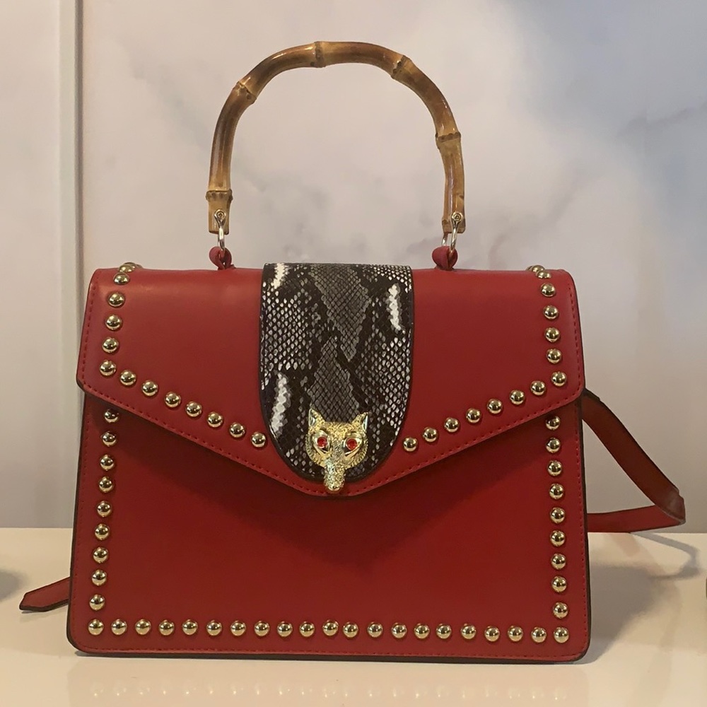 Red Shoulder Bag with Studs